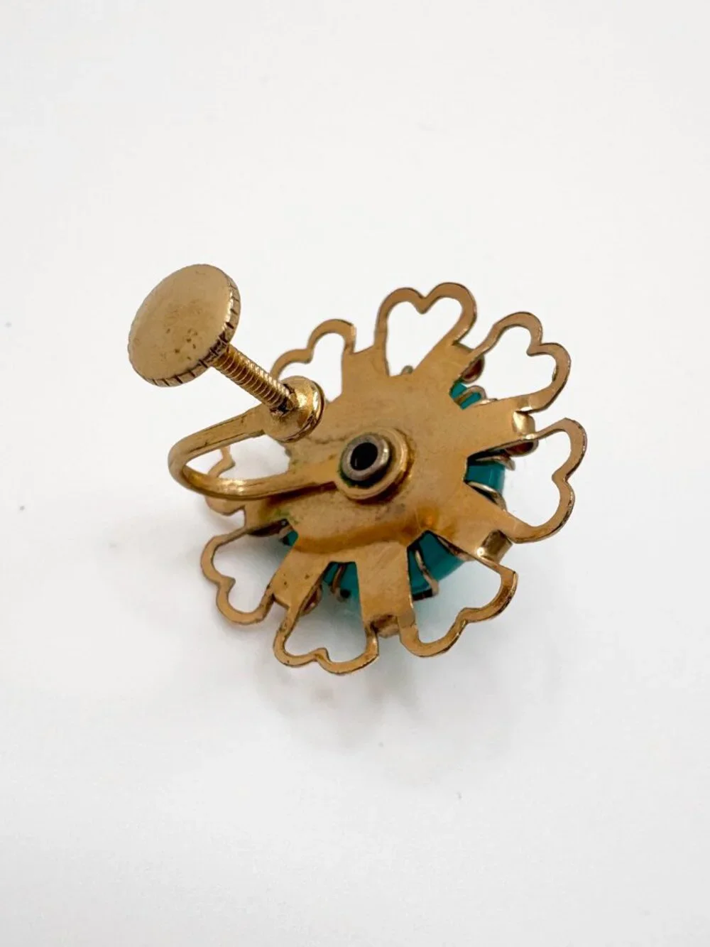 Vintage 1950s Turquoise Moonglow Lucite Earrings Gold Tone Floral Screw Back - Picture 4 of 4